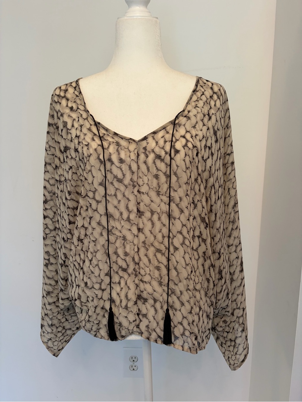 Sanctuary Patterned V-Neck Long Sleeve Top with Tassel Ties